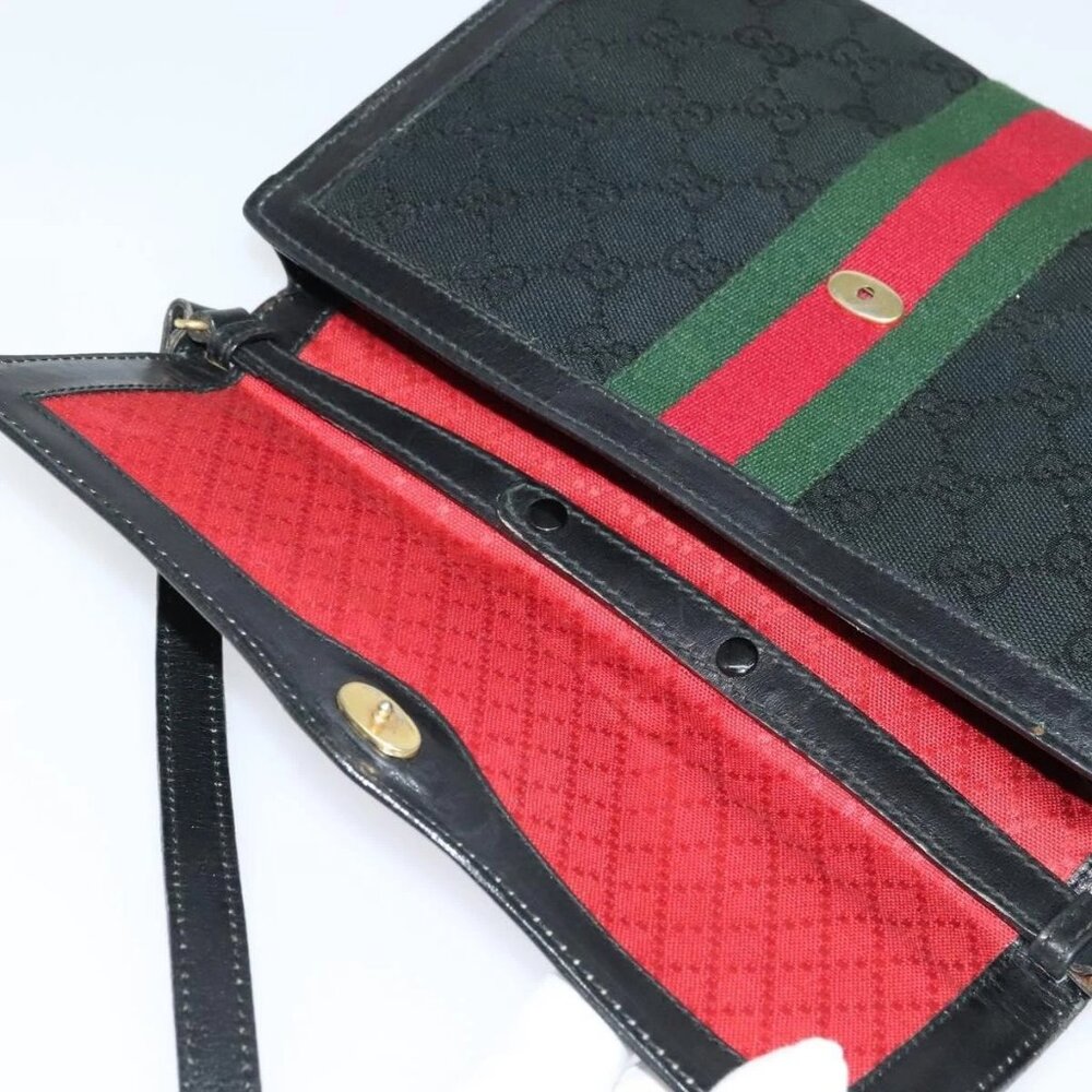 GUCCI GG Canvas Web Sherry Line Shoulder Bag Black Gold - Picture 7 of 15